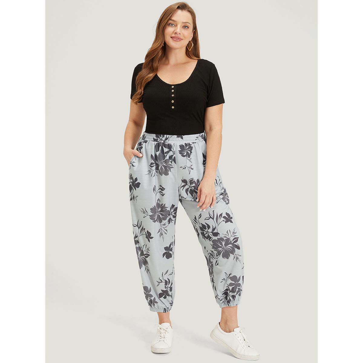 Silhouette Floral Print Pocket Elastic Waist Sweatpants DarkGray Plus Size Women Casual Everyday Elastic Waist 26/4X Bloomchic Product Image
