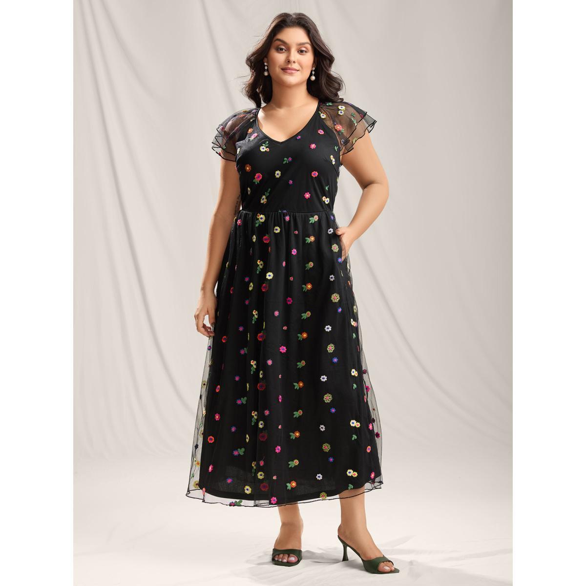 Plus Size Embroidered Colorful Dots Lined Midi Dress Black Women V-neck Cap Sleeve Curvy BloomChic 10/M Product Image