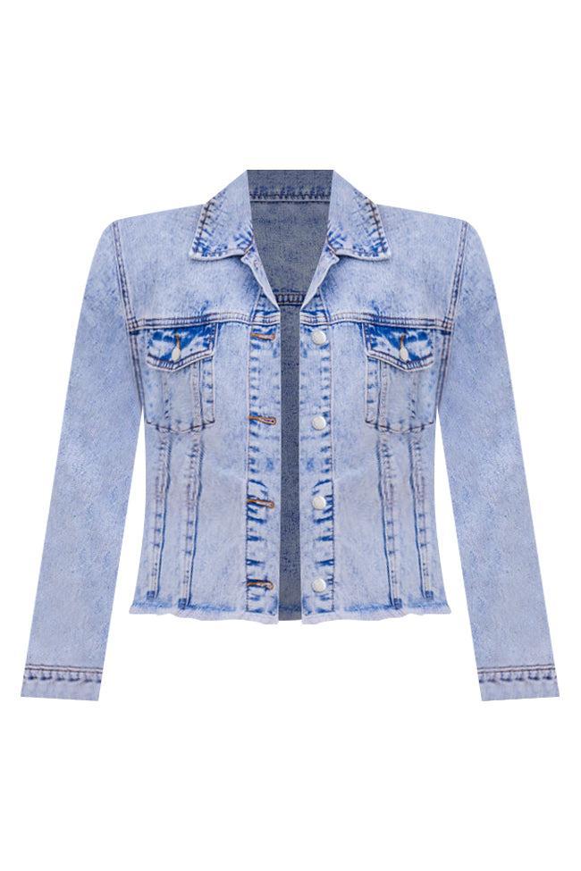 Born To Dream Light Wash Acid Wash Raw Hem Denim Jacket FINAL SALE Product Image