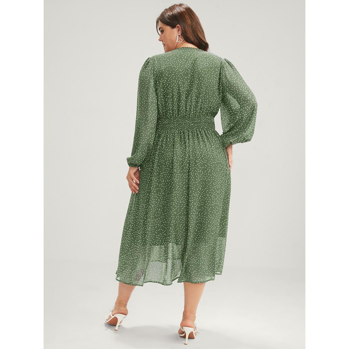 Plus Size Polka Dot Lantern Sleeve Pocket Shirred Flutter Dress Mint Women Elegant Pocket V-neck Short sleeve Curvy Midi Dress BloomChic 18-20/2X Product Image