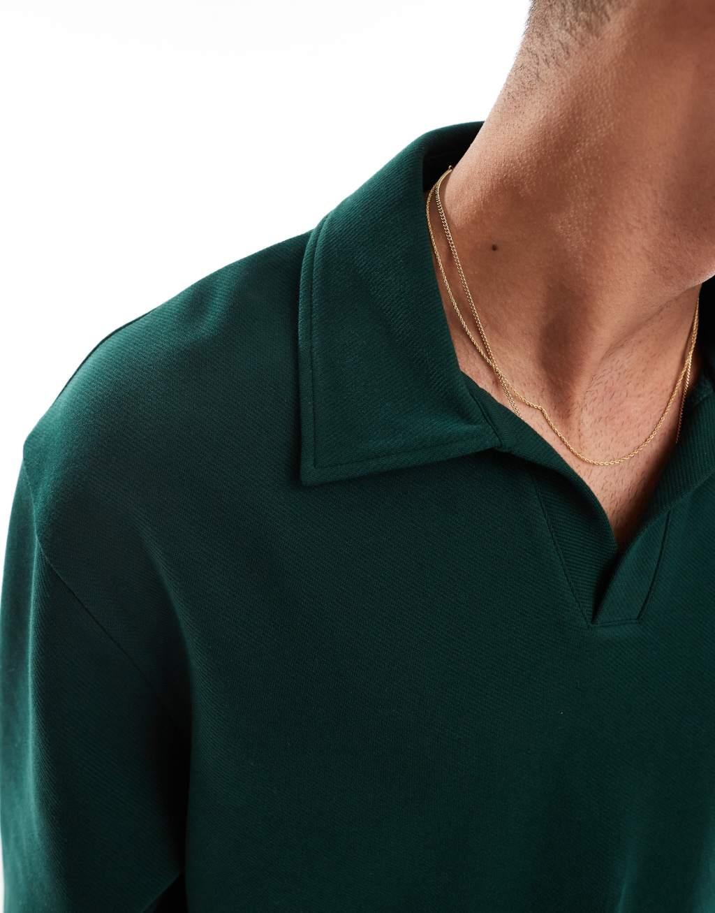 ASOS DESIGN oversized twill jersey rugby polo in dark green Product Image
