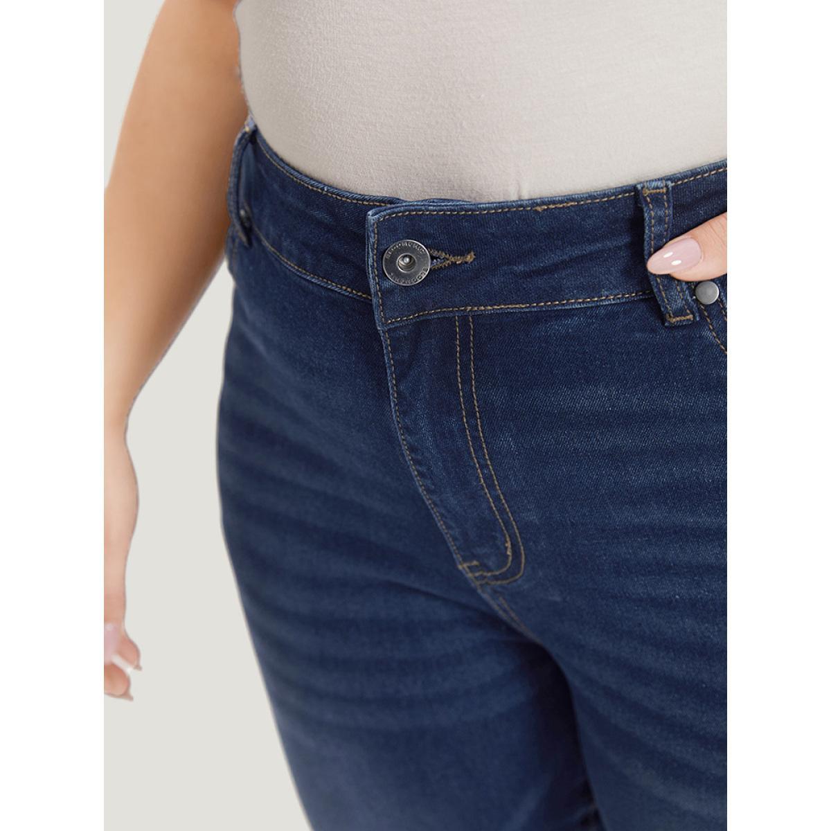 Plus Size Roll Hem High Rise Pocket Very Stretchy Jeans Women DarkBlue Casual Plain Plain High stretch Pocket Jeans BloomChic 10/M Product Image