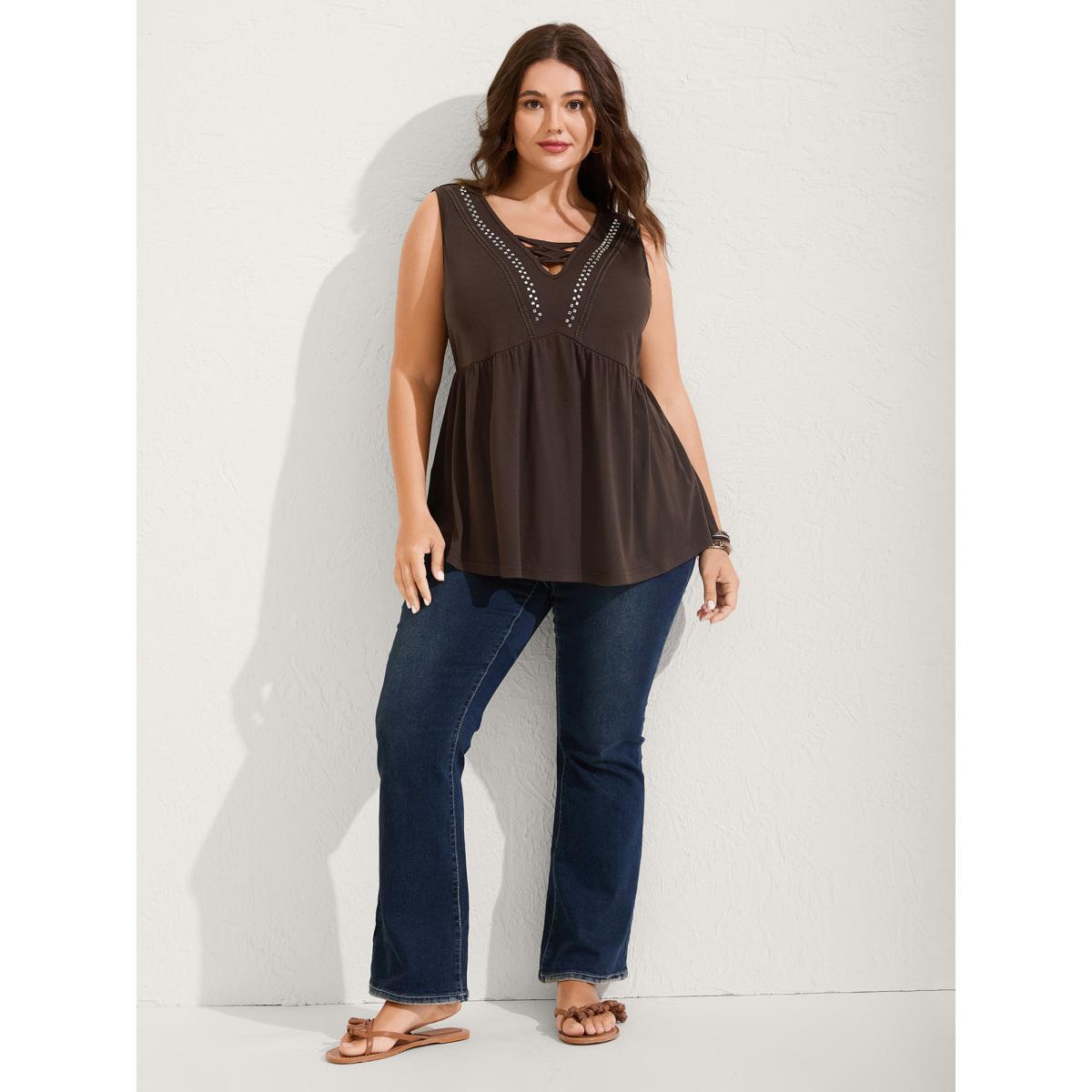 Plus Size Rhinestone Cross-Tie Flared Top Women DarkBrown Woven ribbon&lace trim Deep V-neck Vacation Tank Tops Camis BloomChic 14-16/1X Product Image