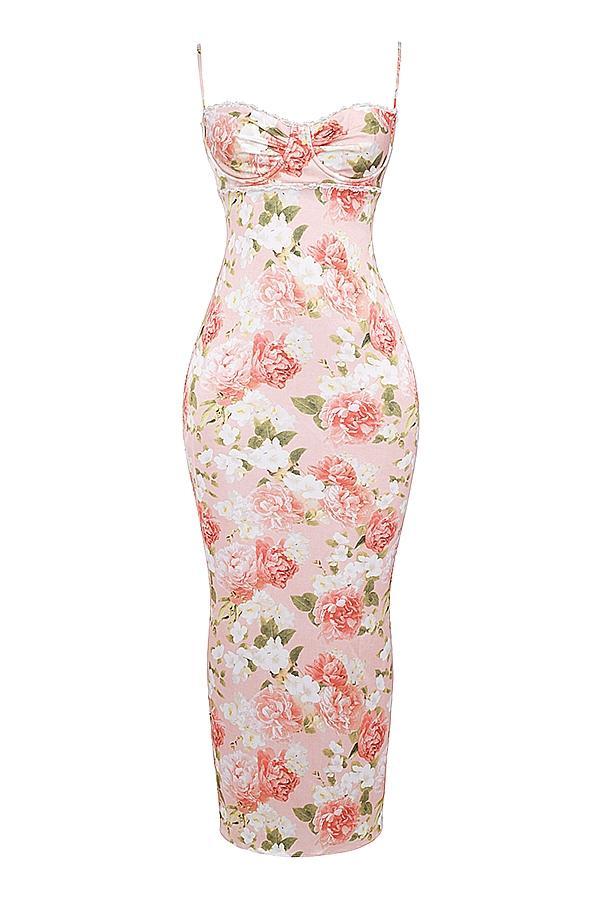 Josefina Pink Peony Print Satin Maxi Dress Product Image