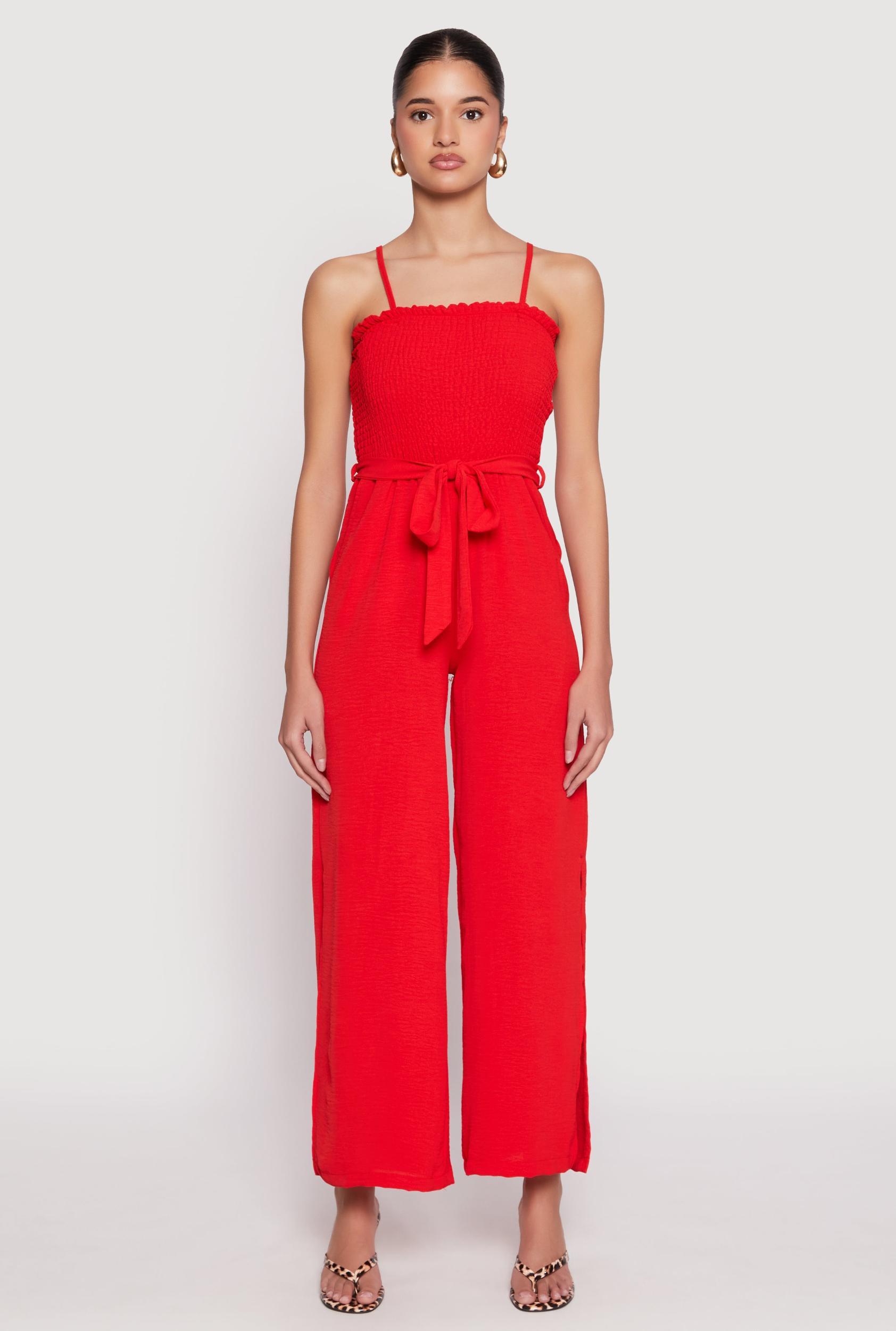 Womens Side Slit Smocked Tie Waist Jumpsuit Product Image
