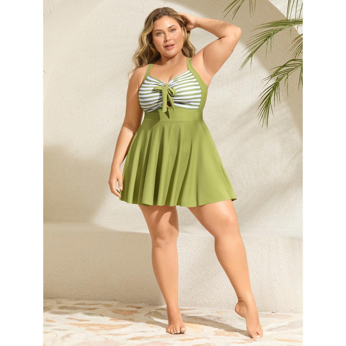 Plus Size Stripes Patchwork Tie Knot Cross Straps Swim Dress Women's Swimwear Applegreen Beach Bodycon Heart neckline High stretch Curve Swim Dresses BloomChic 12/L Product Image