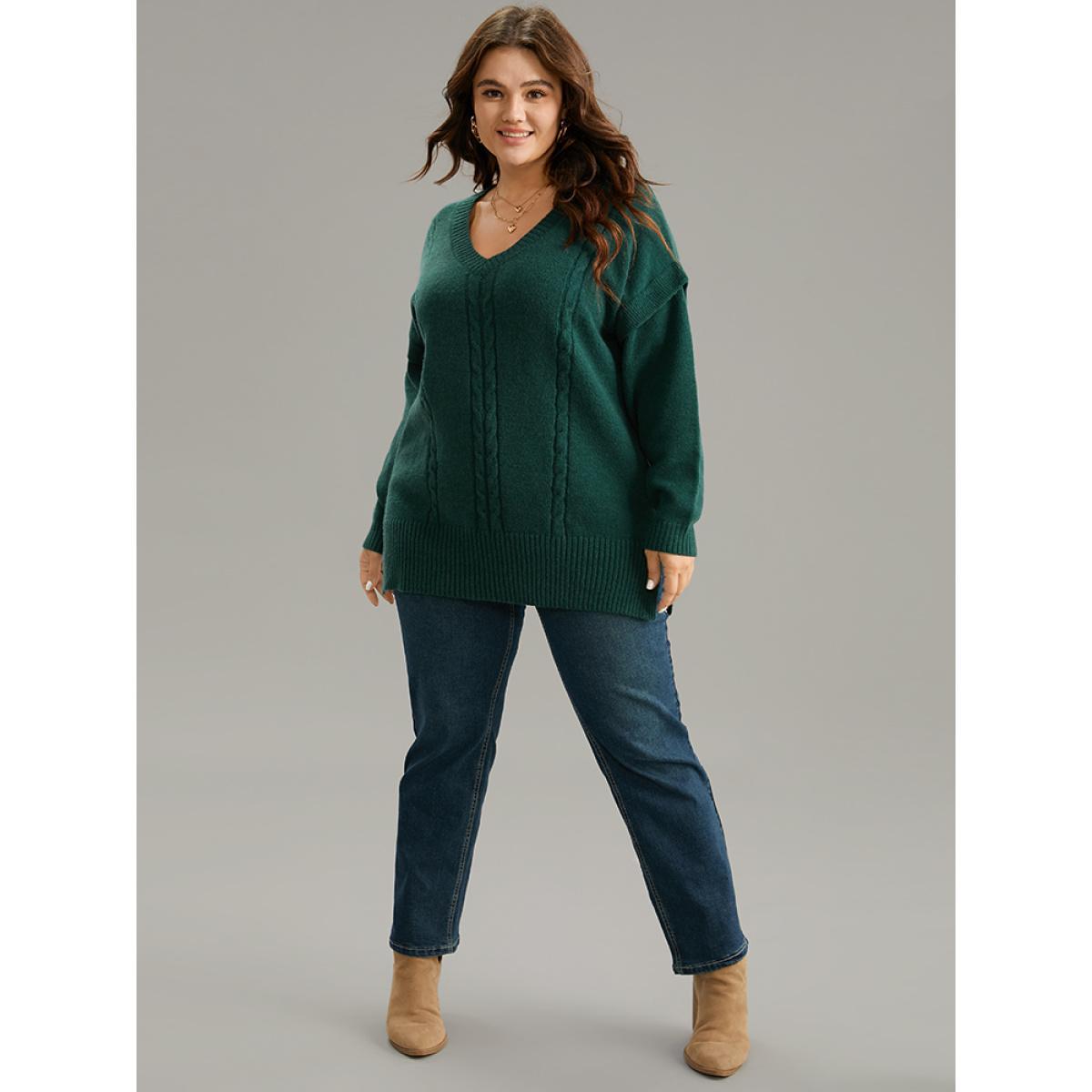 Plus Size Cable Knit Patchwork Drop Shoulder Pullover DarkGreen Women Casual Loose Long Sleeve V-neck Dailywear Pullovers BloomChic 12/L Product Image