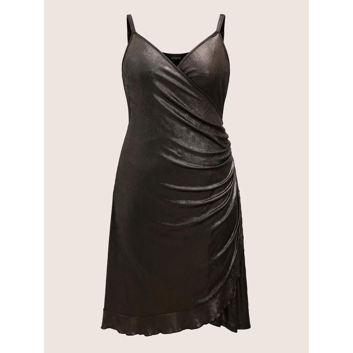 Plus Size High Stretch Overlap Collar Silk Pleated Dress Silver Women Cocktail Overlap Collar Sleeveless Curvy BloomChic 28/5X Product Image