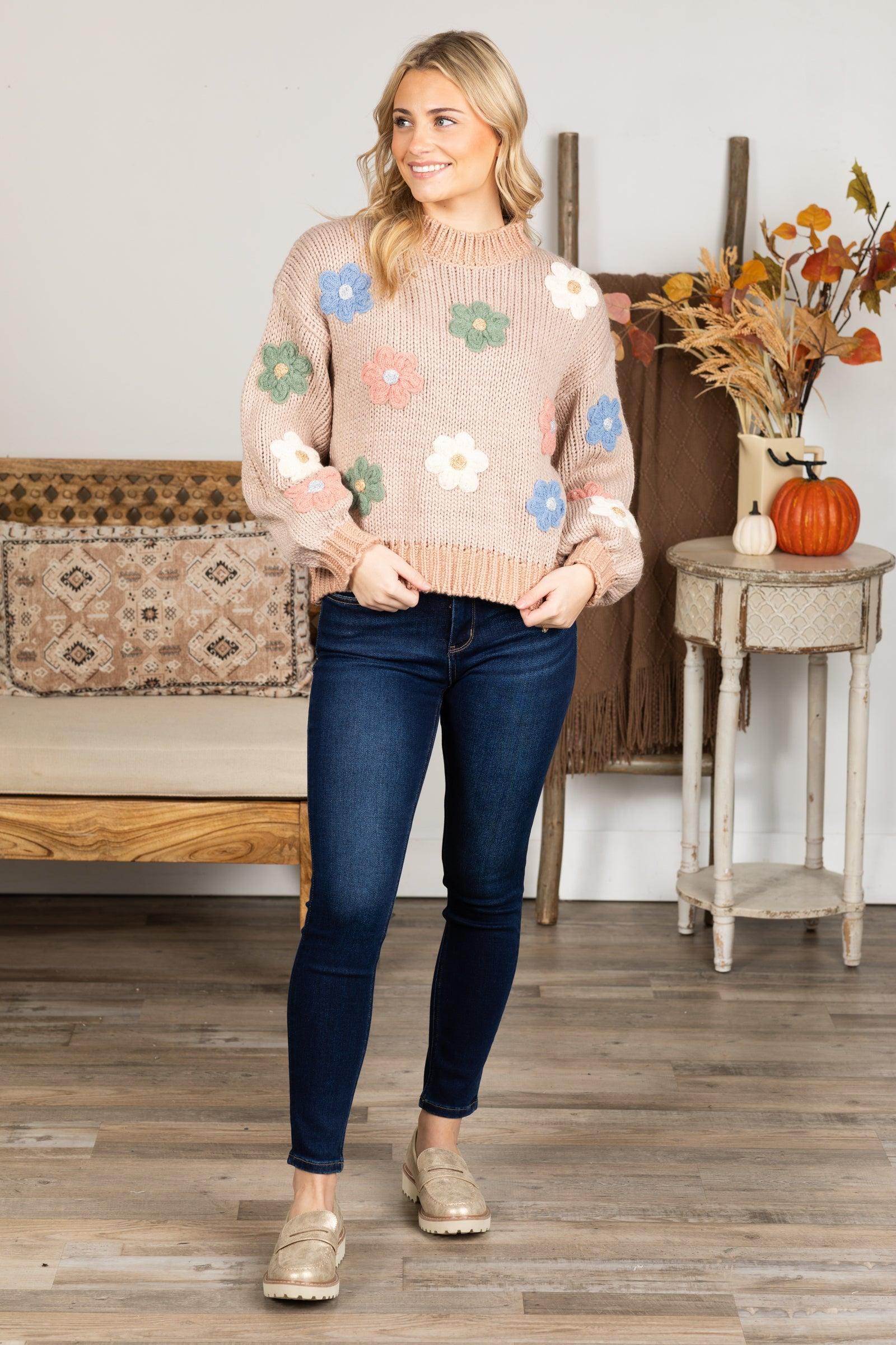 Taupe Flower Applique Sweater Product Image