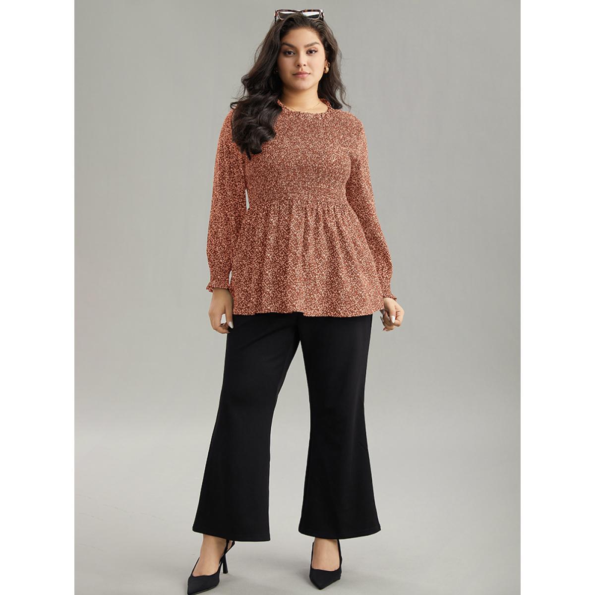 Plus Size Rust Ditsy Floral Stand Collar Shirred Frill Trim Blouse Women Elegant Long Sleeve Stand-up collar Dailywear Blouses BloomChic 30/6X Product Image