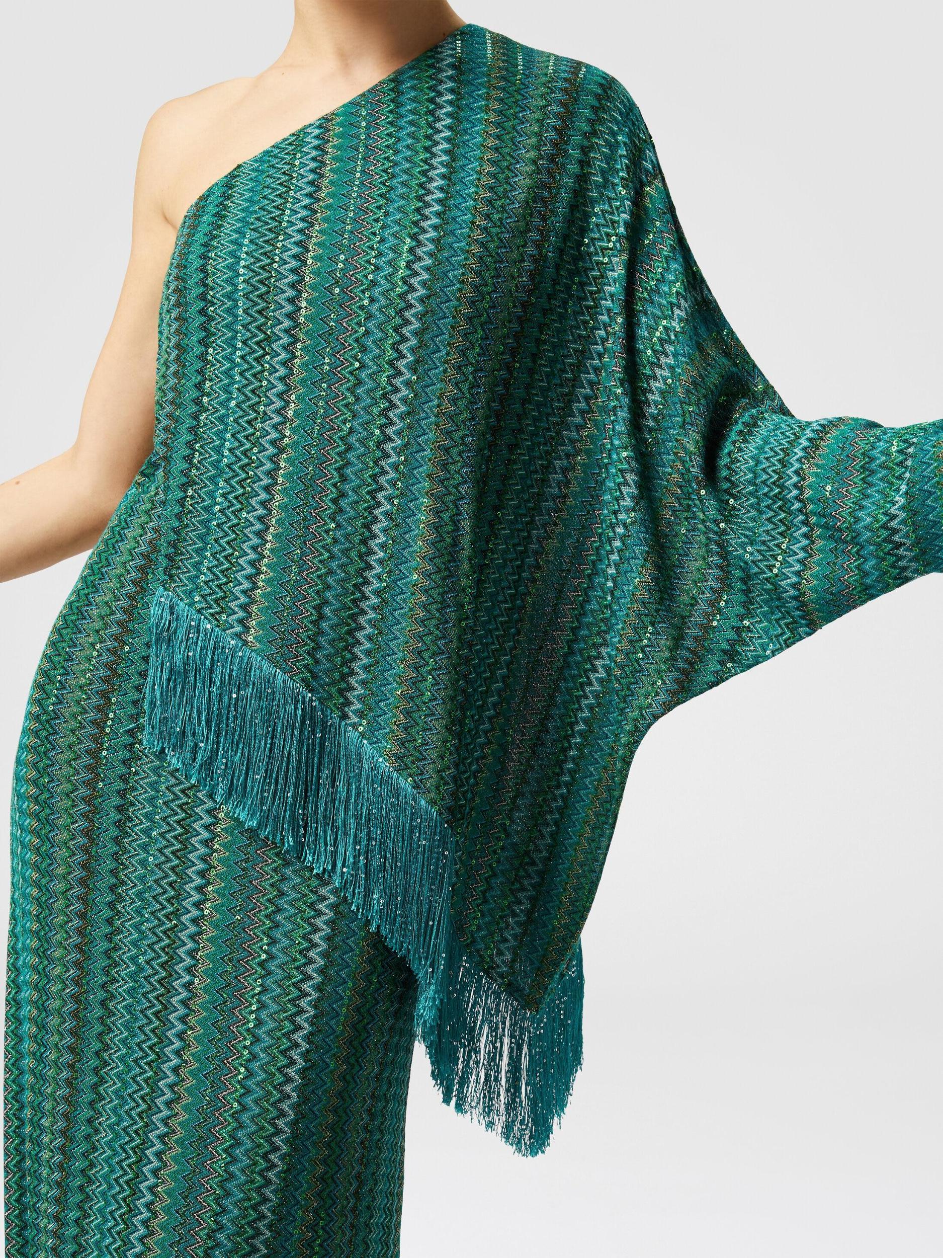 Long one-shoulder zigzag dress with sequins and fringes Product Image