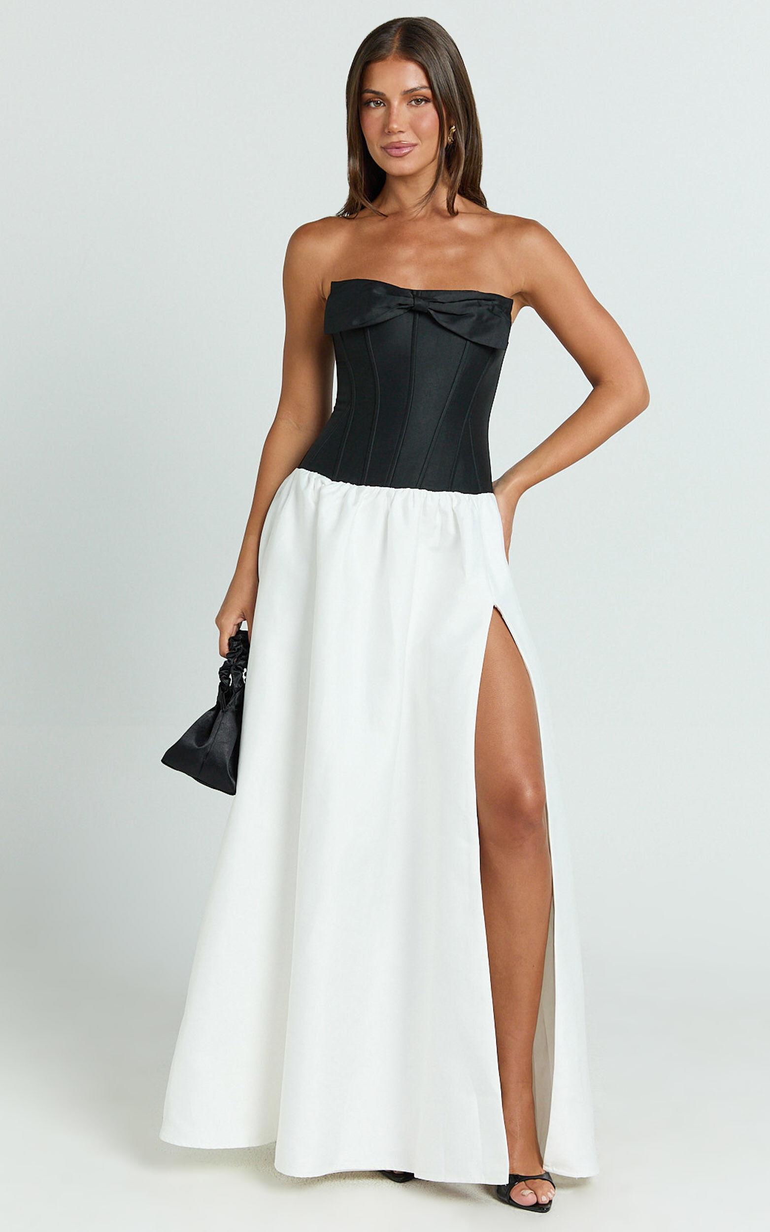 Santana Maxi Dress - Contrast Strapless Fit And Flare Dress in Black/White Product Image