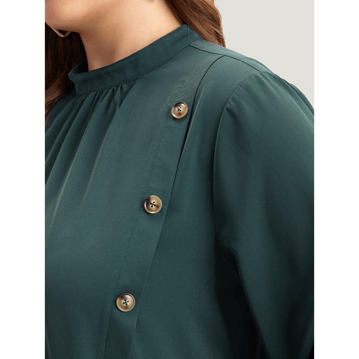 Plus Size Cyan Anti-Wrinkle Asymmetrical Button Gathered Blouse Women Office Long Sleeve Round Neck Work Blouses BloomChic 28/5X Product Image