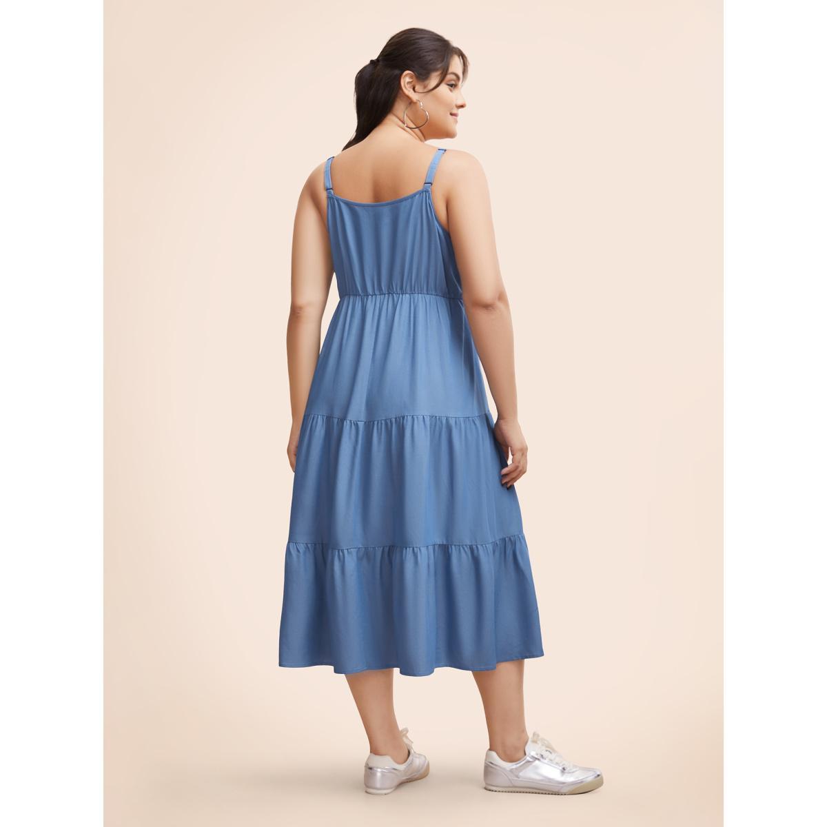 Plus Size Solid Ruffle Layered Hem Cami Dress Mediumblue Women Casual Gathered Heart neckline Sleeveless Curvy BloomChic 22-24/3X Product Image