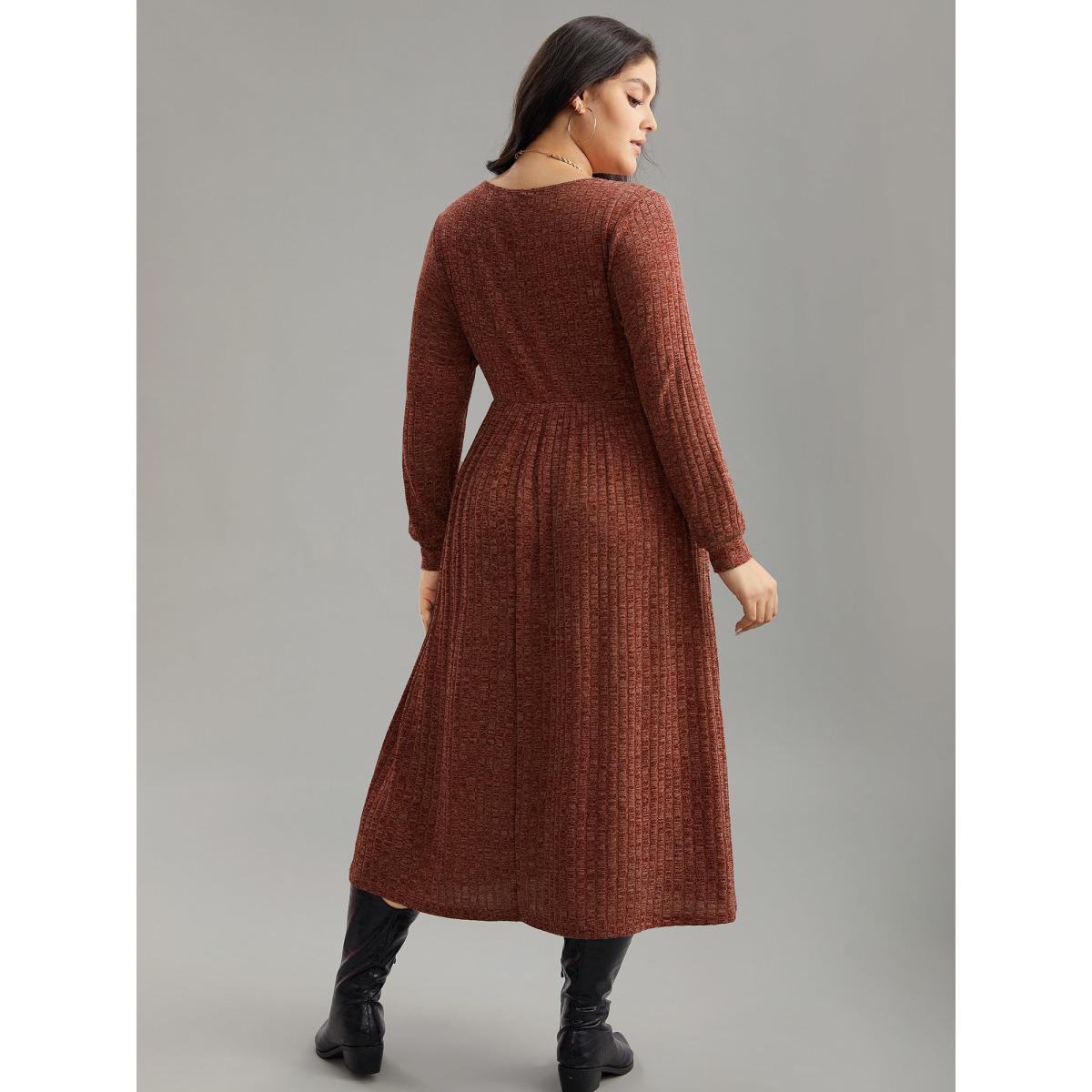 Plus Size Rib Knit Plain Plisse Long Sleeve Dress Rust Women Casual Rib Knit V-neck Long Sleeve Curvy Midi Dress BloomChic 22-24/3X Product Image