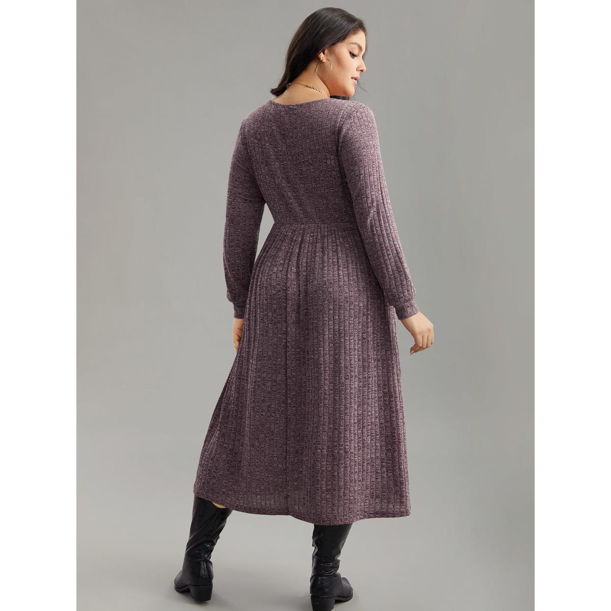 Plus Size Rib Knit Plain Plisse Long Sleeve Dress Mauve Women Casual Rib Knit V-neck Long Sleeve Curvy Midi Dress BloomChic 12/L Product Image