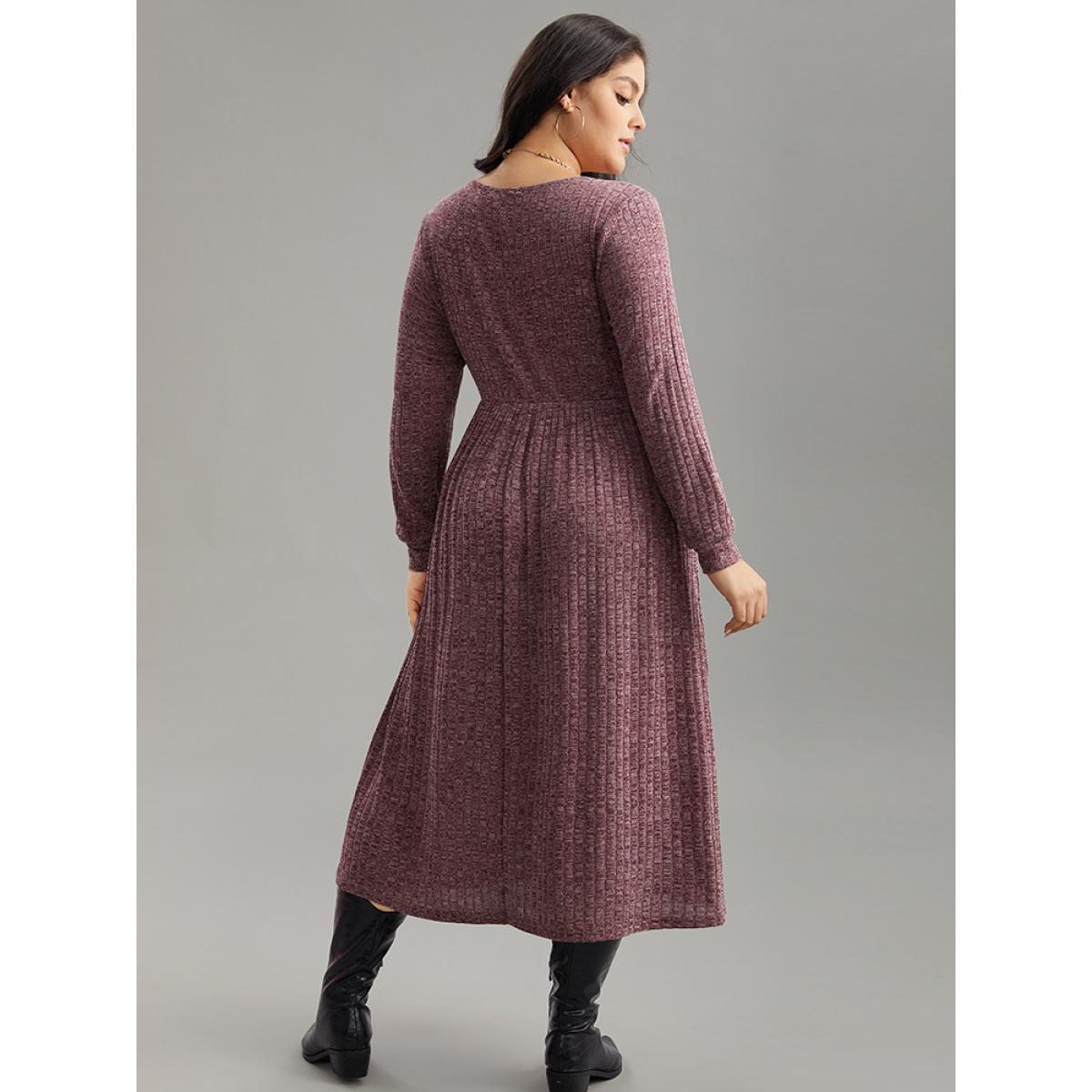 Plus Size Rib Knit Plain Plisse Long Sleeve Dress Purple Women Casual Rib Knit V-neck Long Sleeve Curvy Midi Dress BloomChic 12/L Product Image