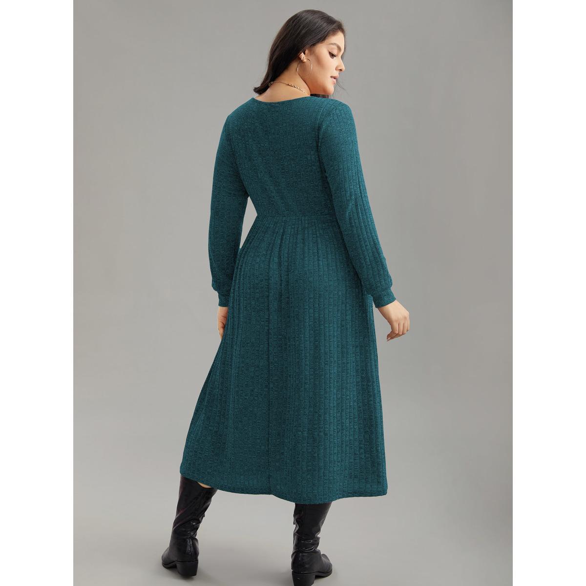 Plus Size Rib Knit Plain Plisse Long Sleeve Dress Aegean Women Casual Rib Knit V-neck Long Sleeve Curvy Midi Dress BloomChic 18-20/2X Product Image