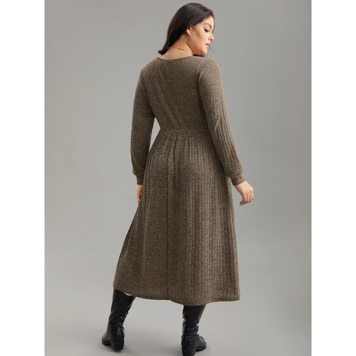 Plus Size Rib Knit Plain Plisse Long Sleeve Dress DarkBrown Women Casual Rib Knit V-neck Long Sleeve Curvy Midi Dress BloomChic 18-20/2X Product Image