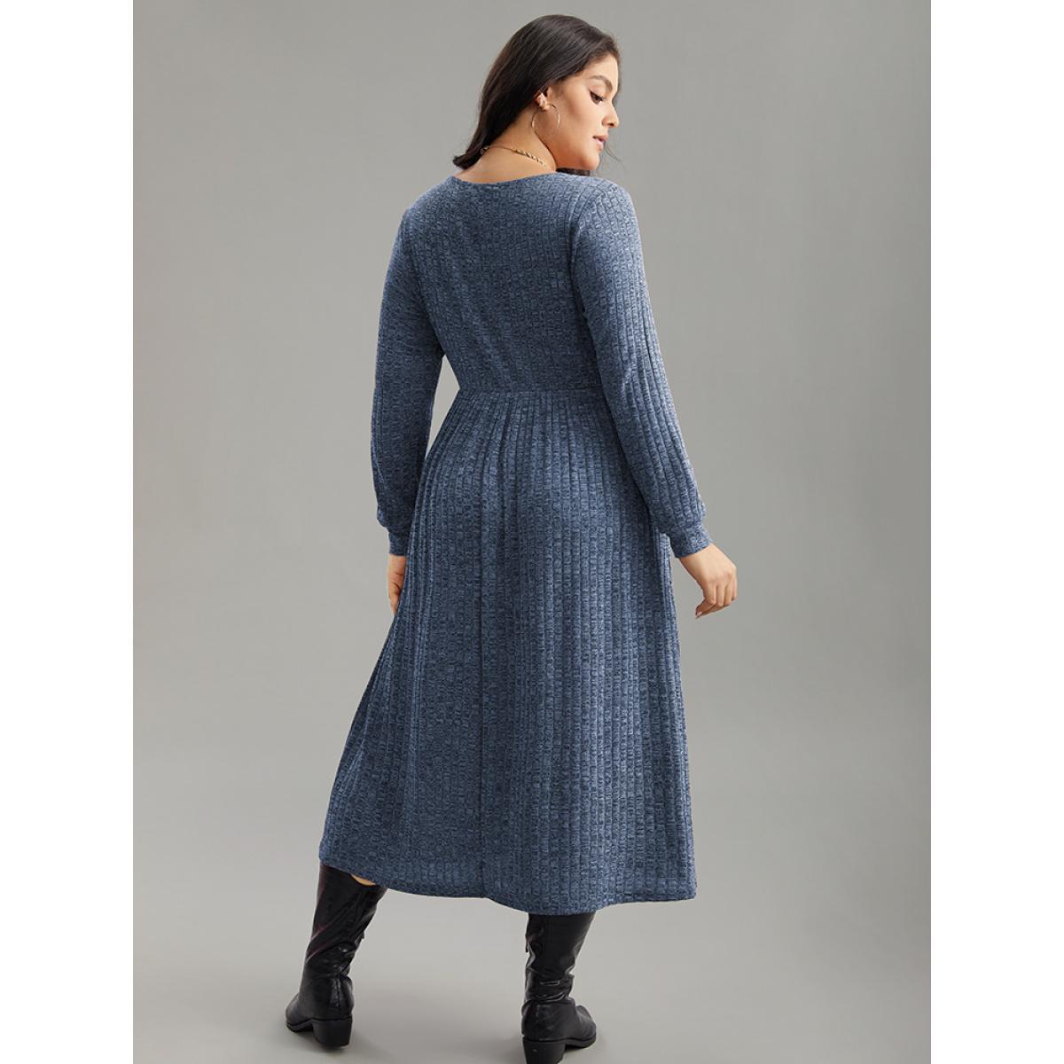 Plus Size Rib Knit Plain Plisse Long Sleeve Dress DarkBlue Women Casual Rib Knit V-neck Long Sleeve Curvy Midi Dress BloomChic 12/L Product Image
