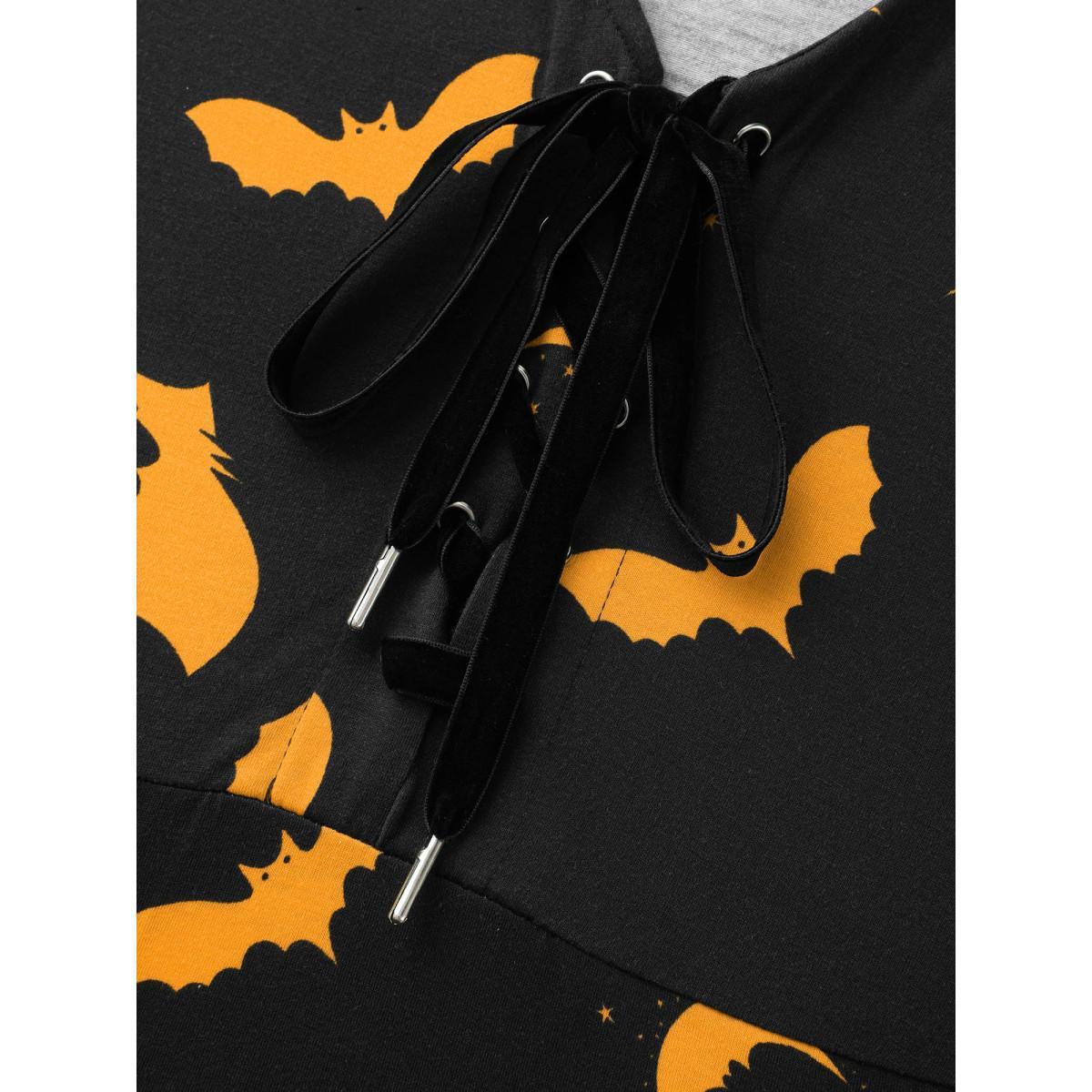 Plus Size Bat Printed Velvet Drawstring Midi Dress Brightorange Women Cocktail Wraparound straps Party Curvy Bloomchic 26/4X Product Image
