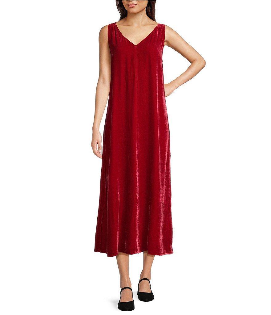 Eileen Fisher Washed Velvet V-Neck Sleeveless Midi Dress Product Image