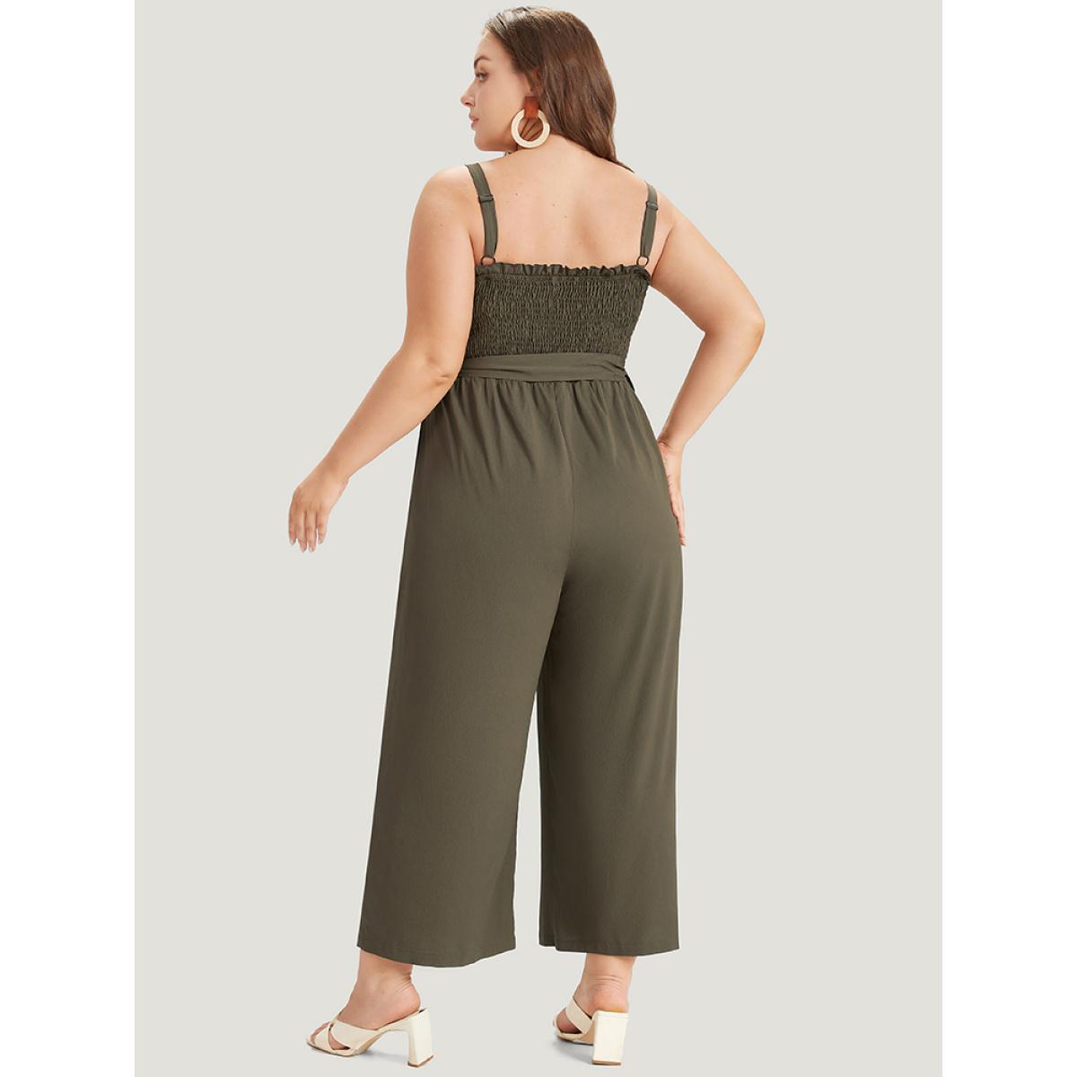 Plus Size ArmyGreen Shirred Frill Trim Belted Button Detail Cami Jumpsuit Women Elegant Sleeveless Square Neck Dailywear Loose Jumpsuits BloomChic 18-20/2X Product Image