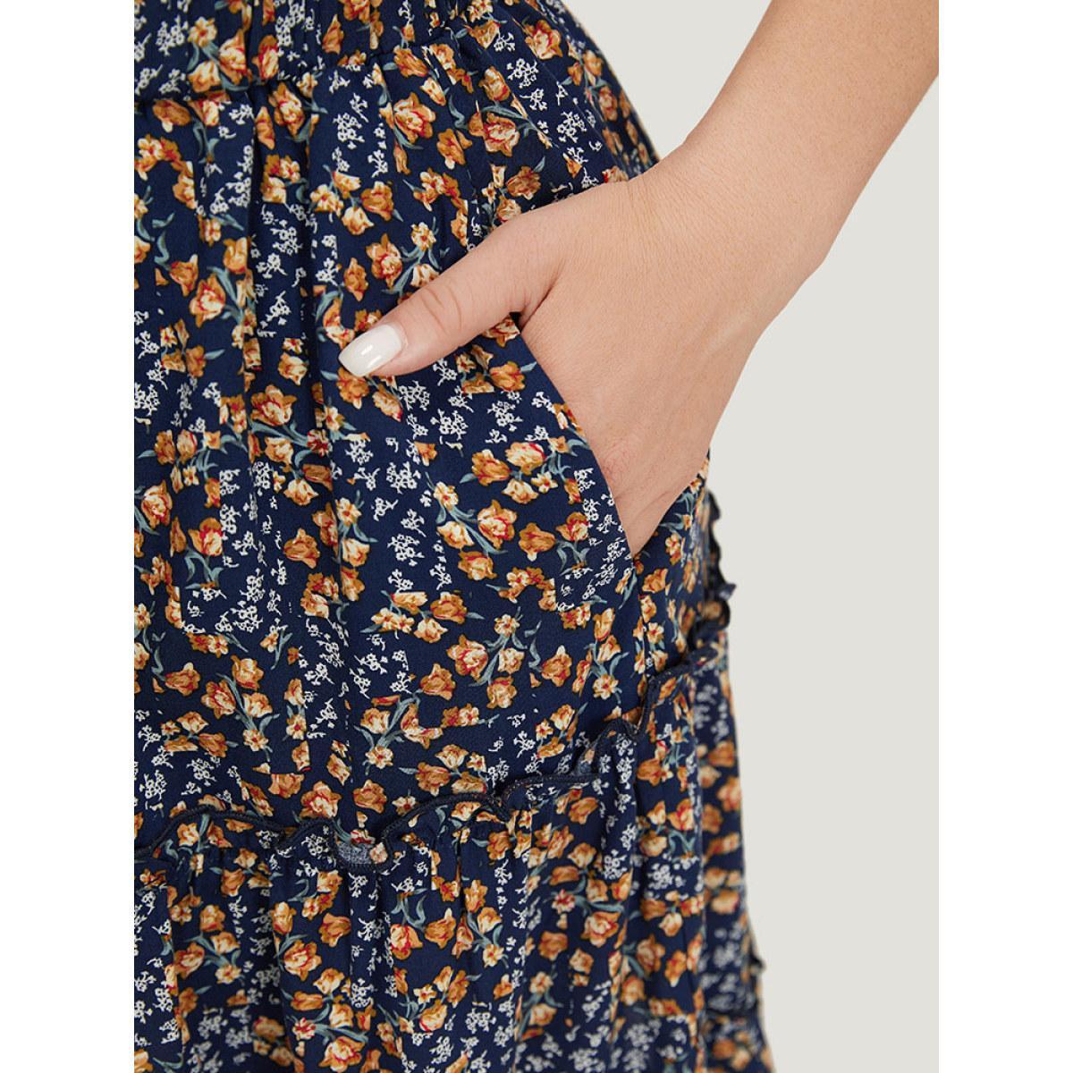 Plus Size Ditsy Floral Ruffle Hem Pocket Frill Trim Skirt Women Indigo Elegant Printed No stretch Dailywear Skirts BloomChic 14-16/1X Product Image