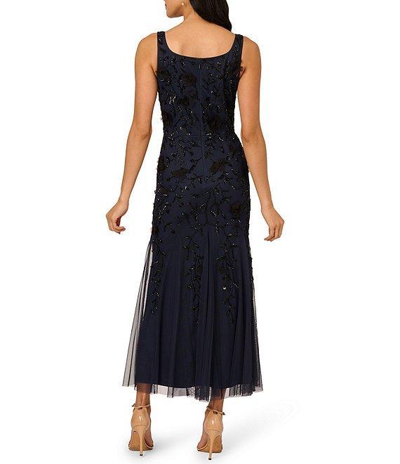 Adrianna Papell Square Neck Sleeveless Bead Mesh Godet Hem Sheath Tea Length Dress Product Image