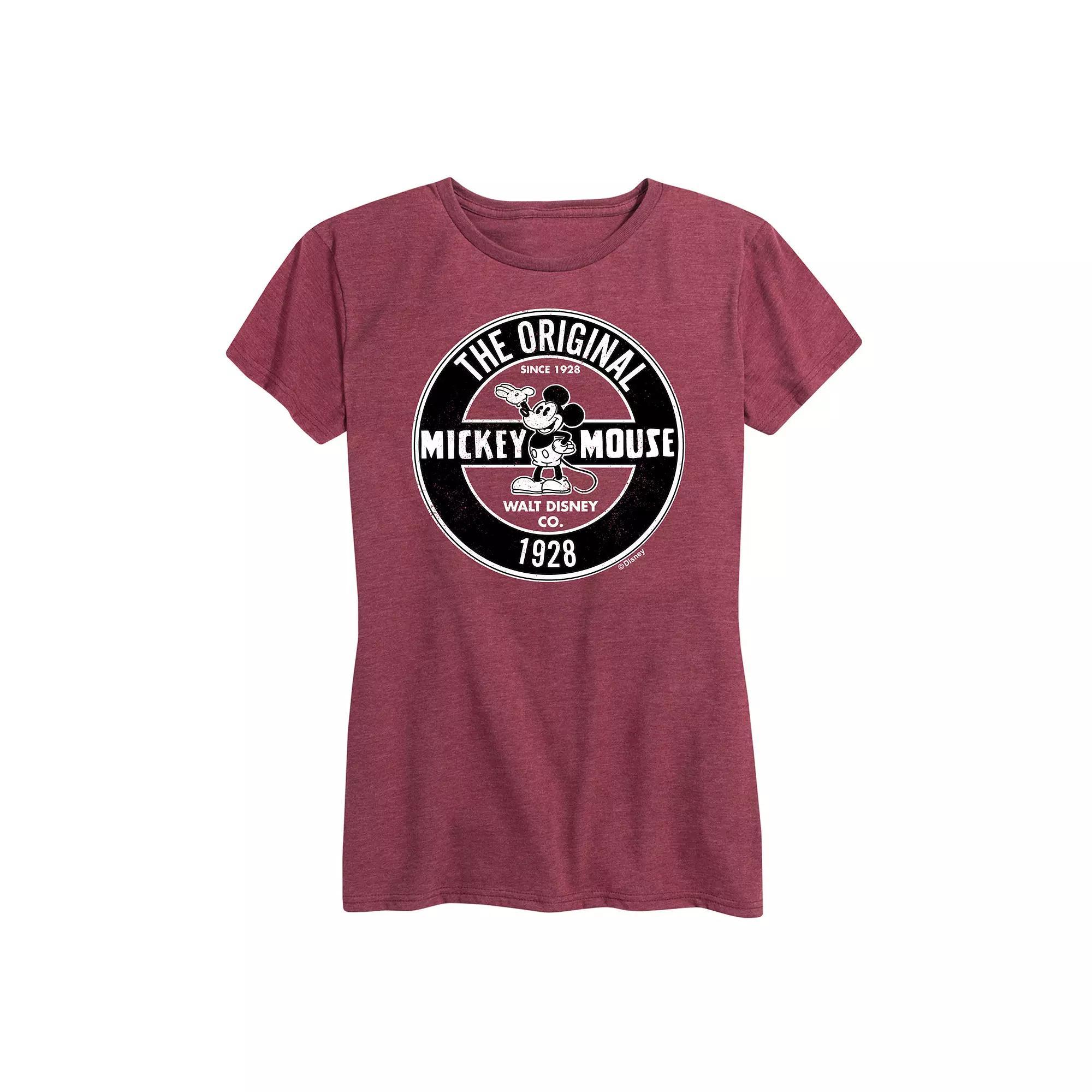 Disneys Mickey Mouse Womens Badge Graphic Tee Grey Dark Red Product Image