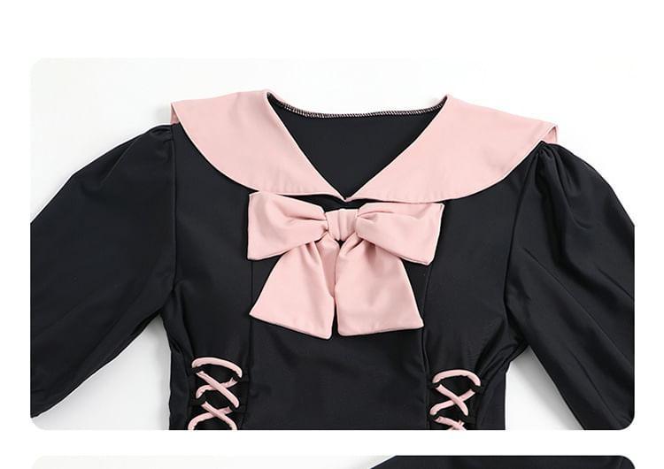 Short Sleeve Collared Bow Lace Up Frill Swimdress Product Image