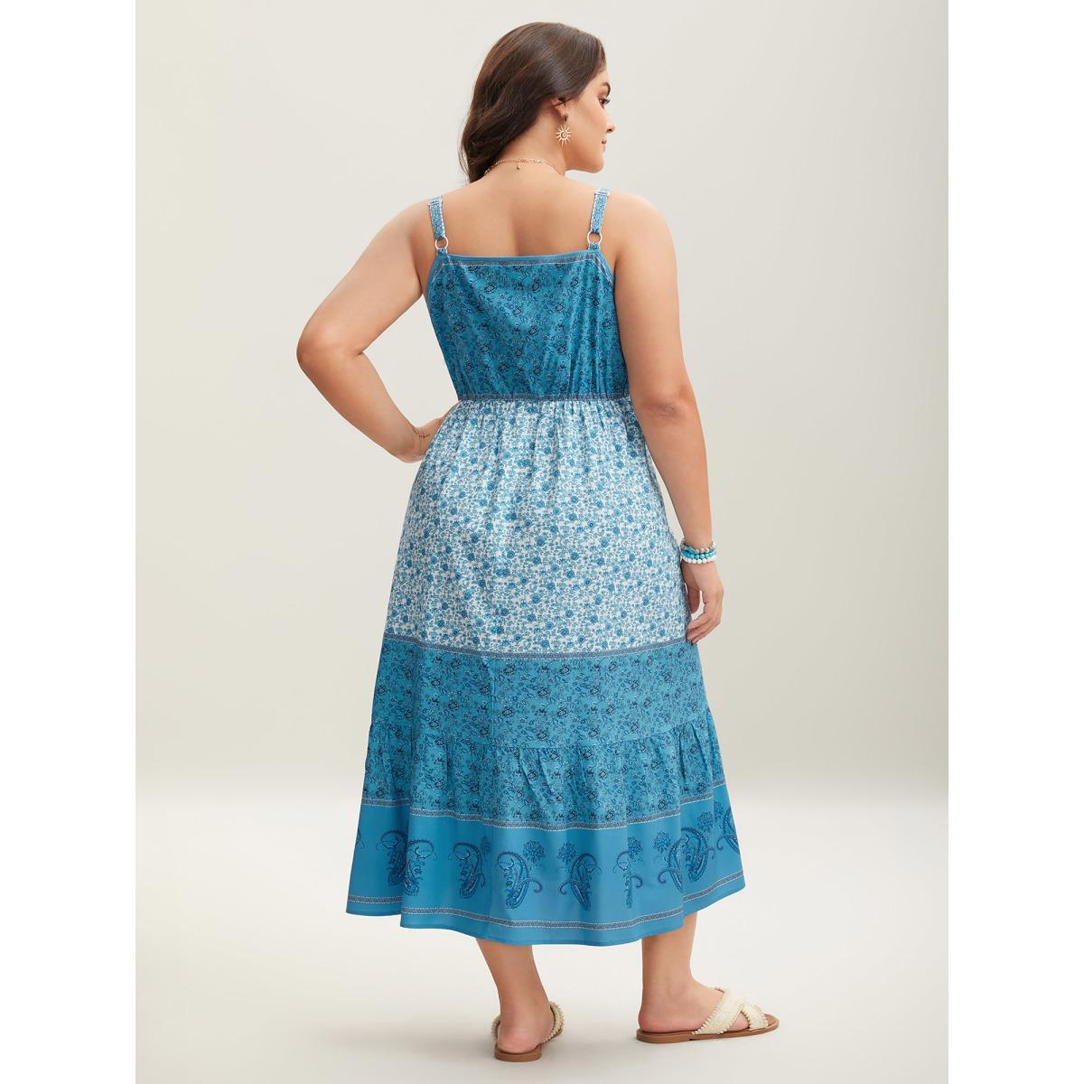 Plus Size Tropical Blues Cinched Cami Midi Dress Cerulean Women Resort Gathered Heart neckline Sleeveless Curvy BloomChic 30/6X Product Image