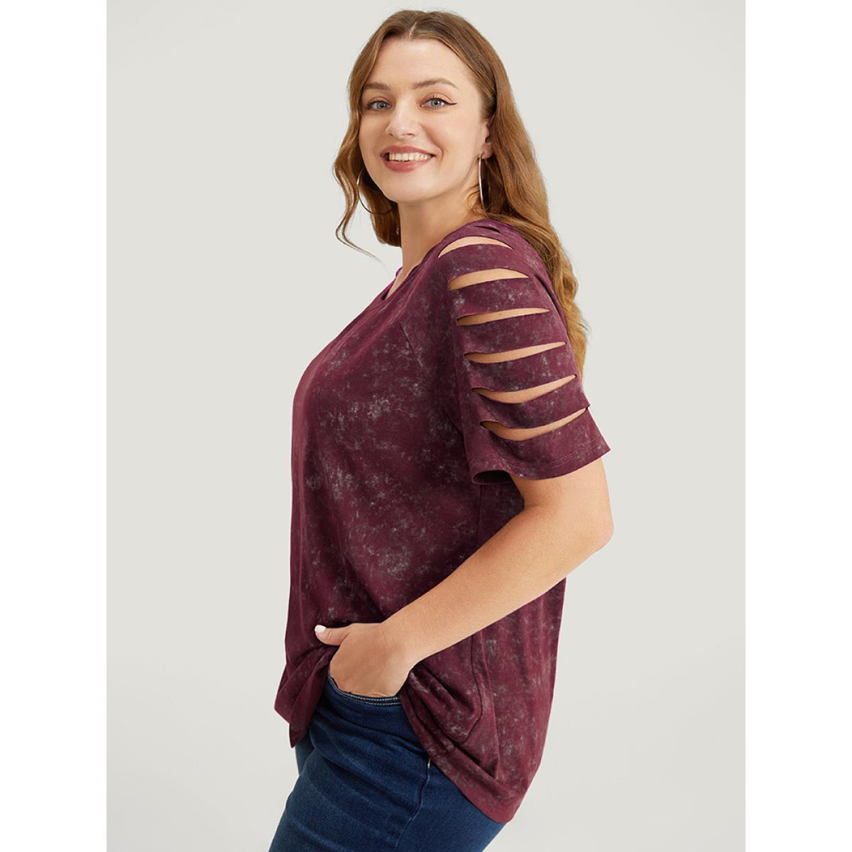 Plus Size Solid Cut Out Raglan Sleeve T-shirt Burgundy Women Casual Cut-Out Plain Round Neck Dailywear T-shirts BloomChic 12/L Product Image