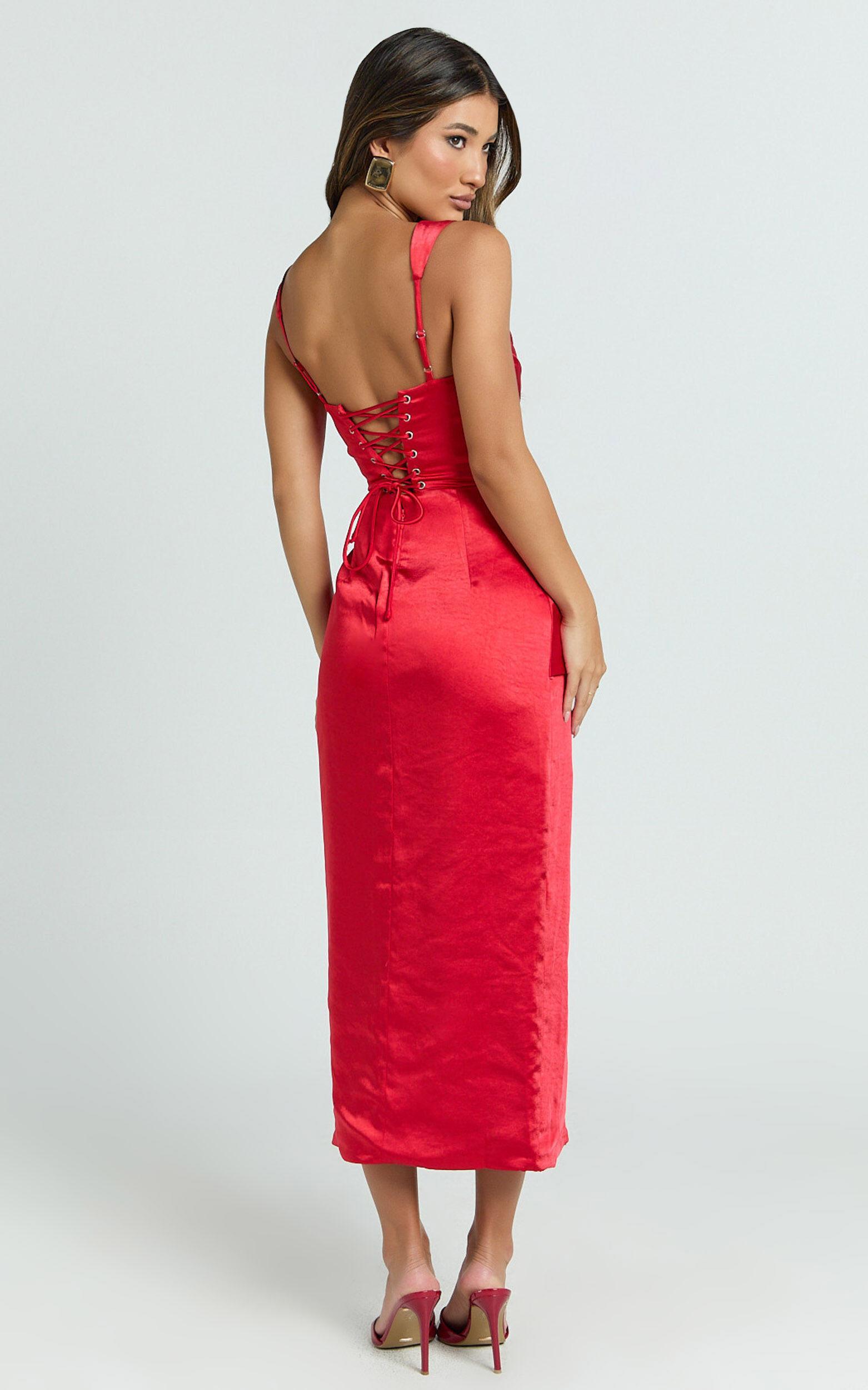 Jacinda Midi Dress - Pleated Bust Draped Front Fitted Dress in Red Product Image