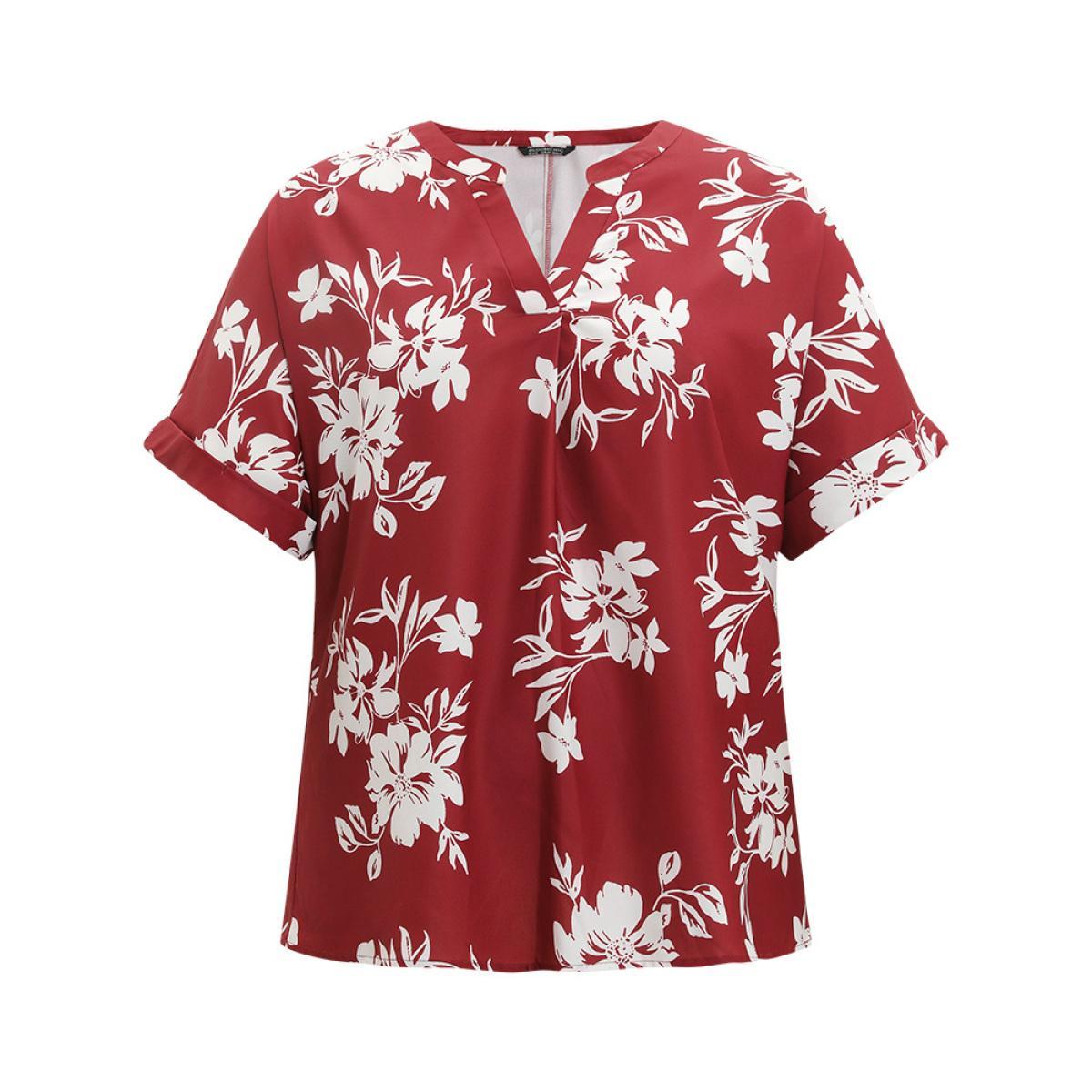 Plus Size Multicolor Silhouette Floral Print Notched Roll Sleeve Blouse Women Elegant Short sleeve V-neck Dailywear Blouses BloomChic 10/M Product Image