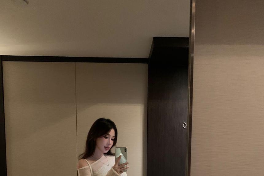Long-Sleeve Off-Shoulder Plain Sheer Panel Slim Fit Knit Top / High Rise Wide Leg Pants Product Image