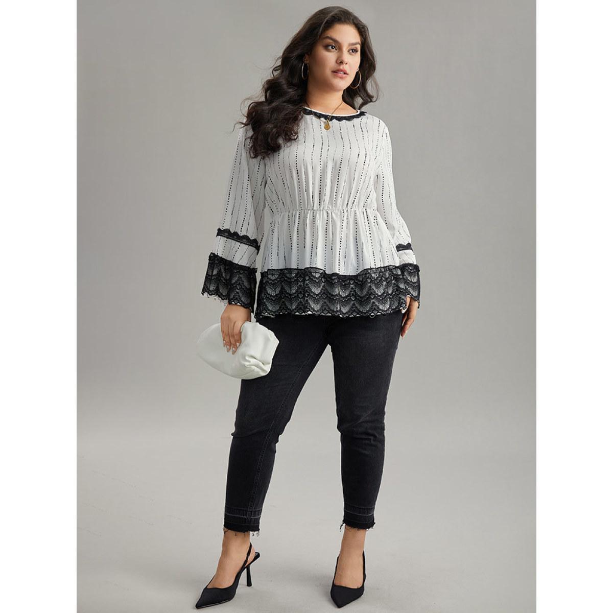 Plus Size White Dot Striped Contrast Lace Elastic Waist Blouse Women Elegant Long Sleeve Round Neck Dailywear Blouses BloomChic 30/6X Product Image
