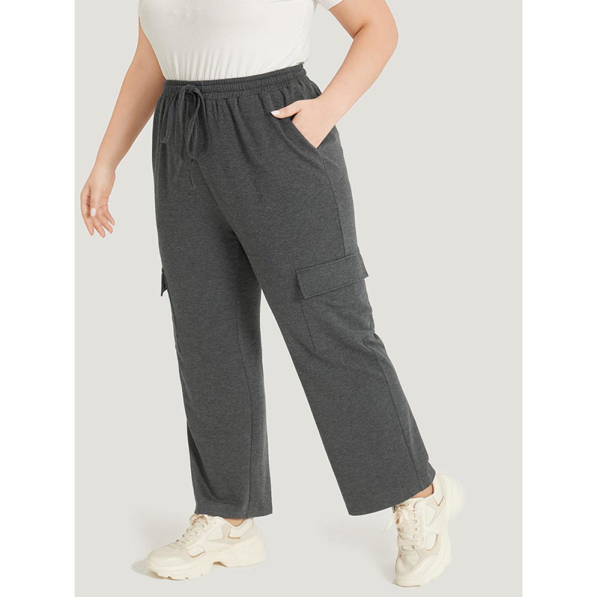 Letter Patched Flap Pocket Bowknot Elastic Waist Sweatpants DimGray Plus Size Women Casual Dailywear Plain 10/M Bloomchic Product Image