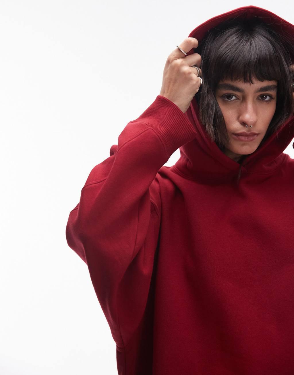 Topshop premium oversized hoodie in burgundy - part of a set Product Image