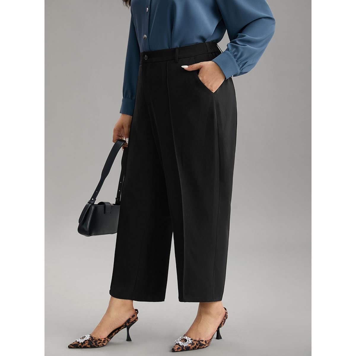 Plus Size Static-Free Solid Seam Detail Button Up Pants Women Black Office Straight Leg High Rise Work Pants BloomChic 14-16/1X Product Image