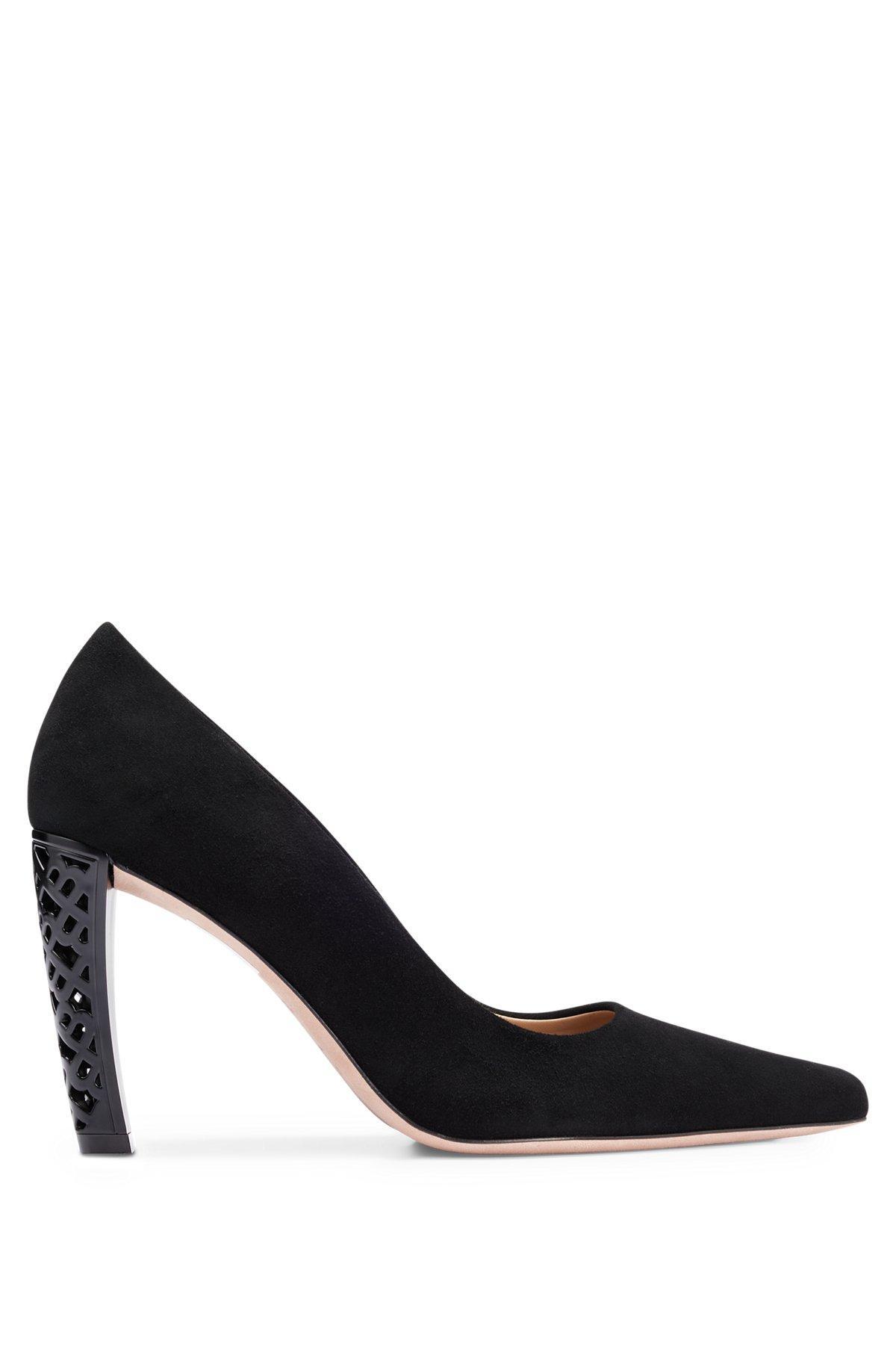 BOSS - Suede pumps with monogram-structured heel - Black Product Image