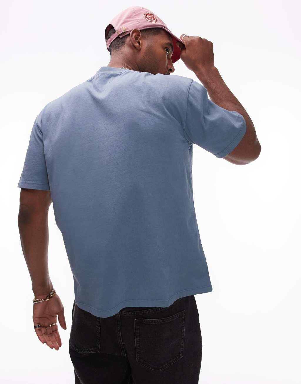 Topman premium oversized fit T-shirt with botanicals embroidery in blue Product Image
