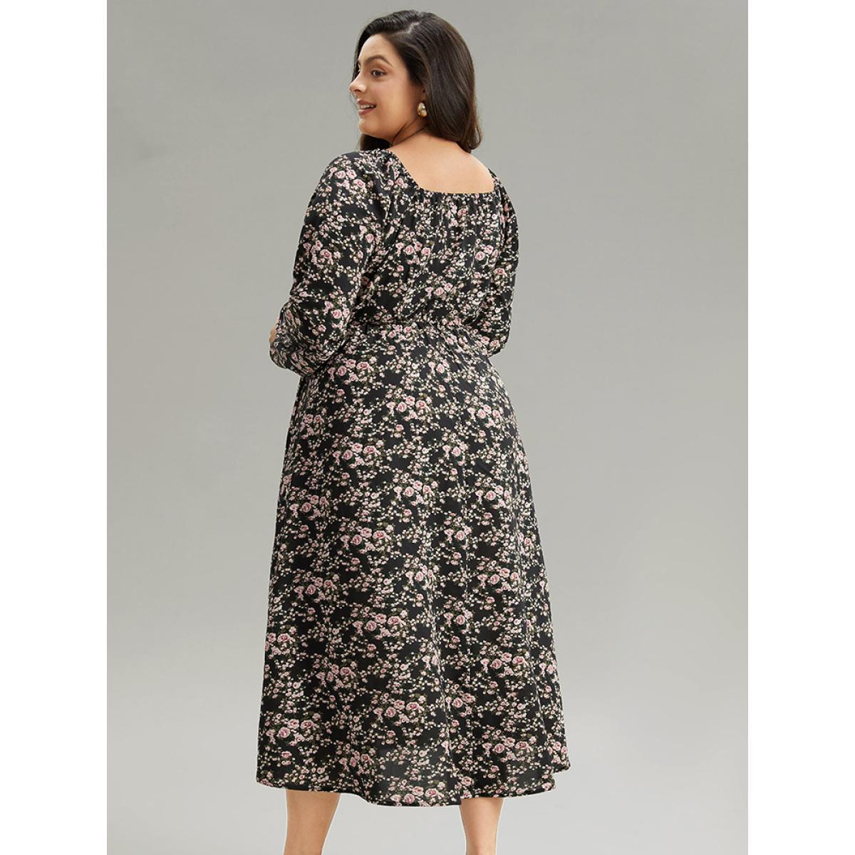 Plus Size Ditsy Floral Pocket Plicated Detail Split Side Dress Black Women Elegant Elastic cuffs Square Neck Long Sleeve Curvy Midi Dress BloomChic 10/M Product Image