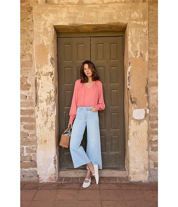 NYDJ Gemma Split V-Neck Smocked Long Sleeve Curved Hem Blouse Product Image