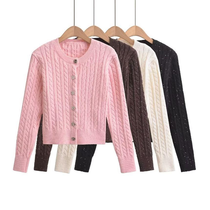 Plain Button-Up Cable Knit Cardigan Product Image