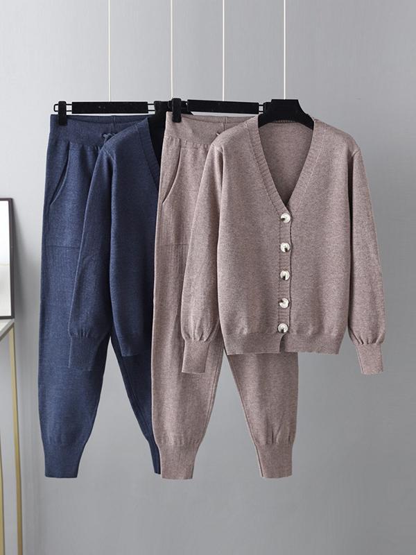 Casual Loose Solid Color V-Neck Cardigan Tops & Harem Pants Two Pieces Set Product Image