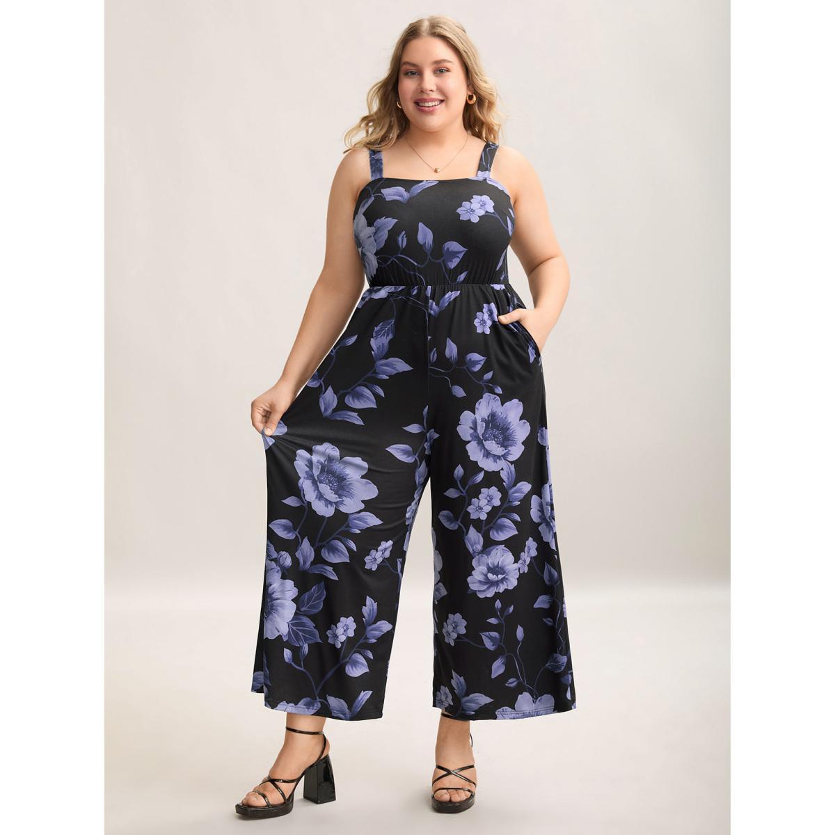 Plus Size Bluepurple Floral Print Stretchy Adjustable Straps Jumpsuit Women Elegant Sleeveless Non Everyday-Elegant Loose Jumpsuits BloomChic 10/M Product Image