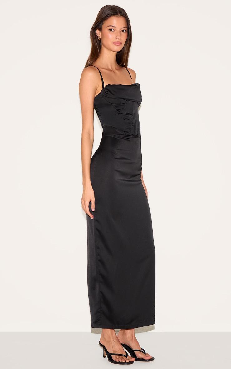 Black Strappy Satin Corset Drape Detail Midaxi Dress Product Image