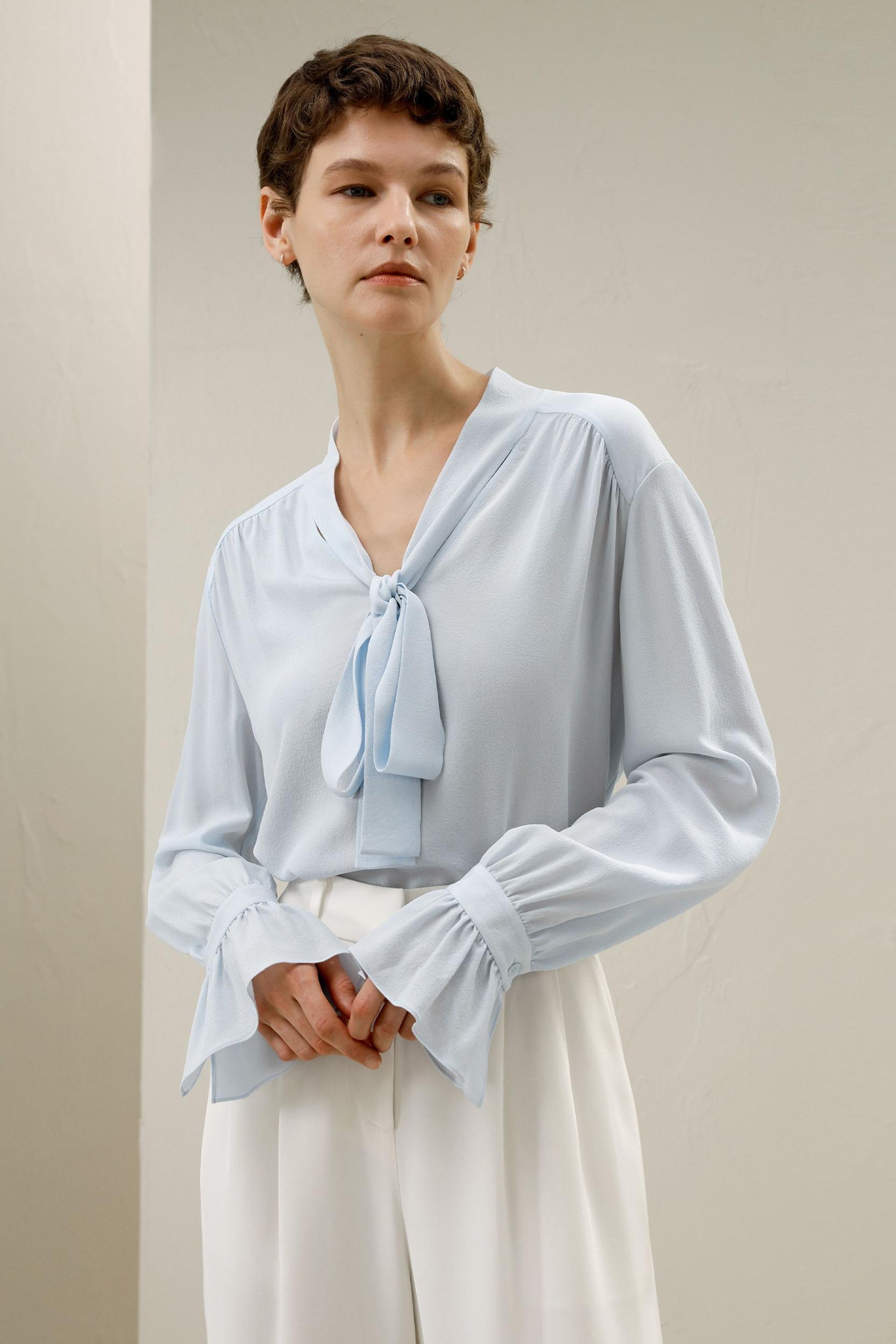 Silk V-neck Ribbon Blouse Product Image
