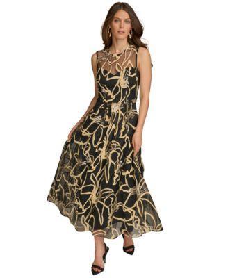 Donna Karan Womens Embroidered Jewel-Neck Dress Product Image
